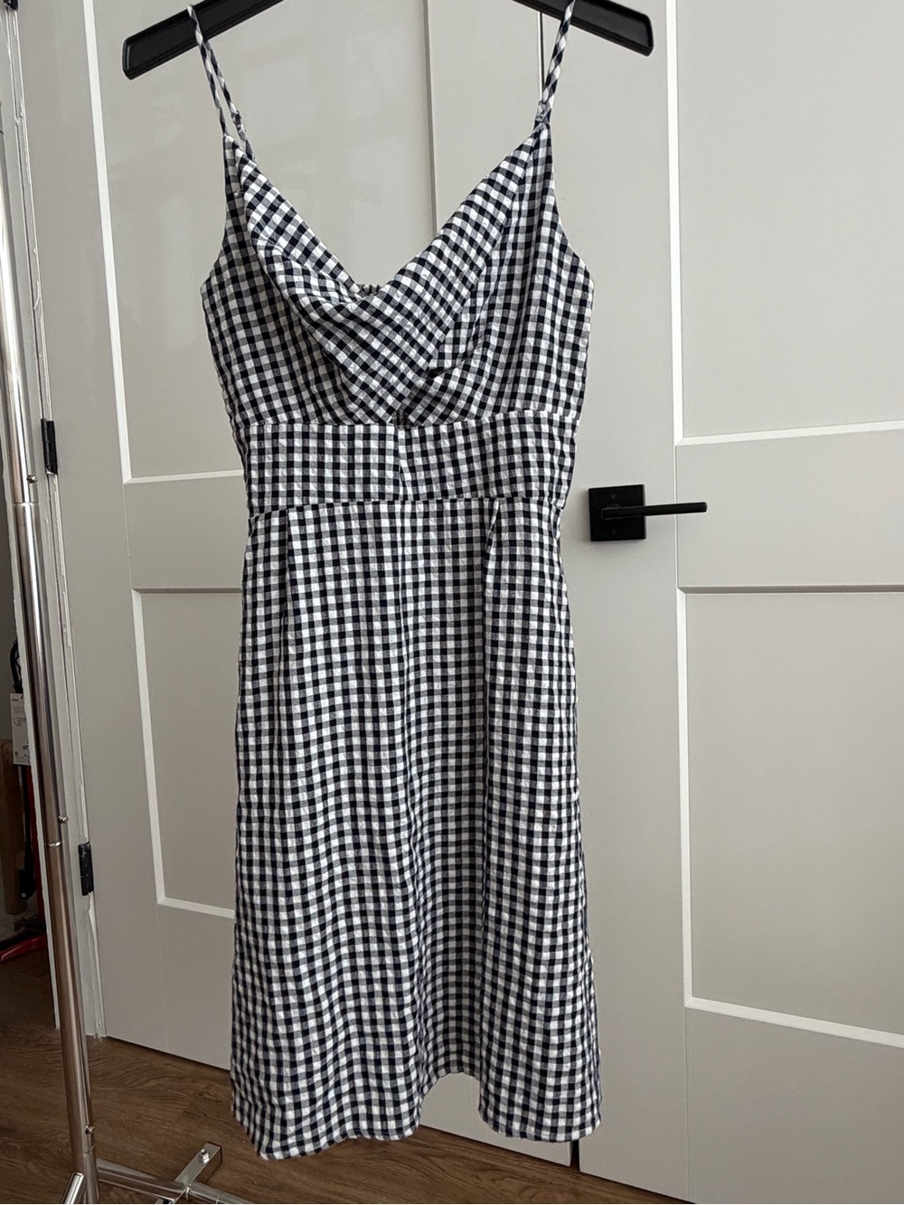 LOFT Black and White Gingham Cowl-Neck Midi Dress